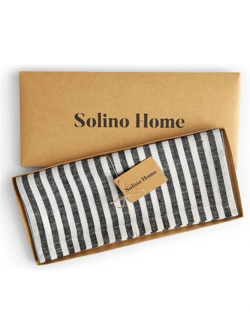 Solino Home 100% Pure Linen Table Runner, 14 x 120 in, Black, Amalfi Stripe new